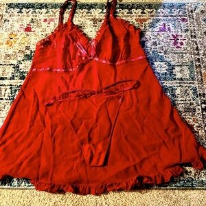Cacique- Red sheer w/ hot pink satin ribbon detail. Size 14/16